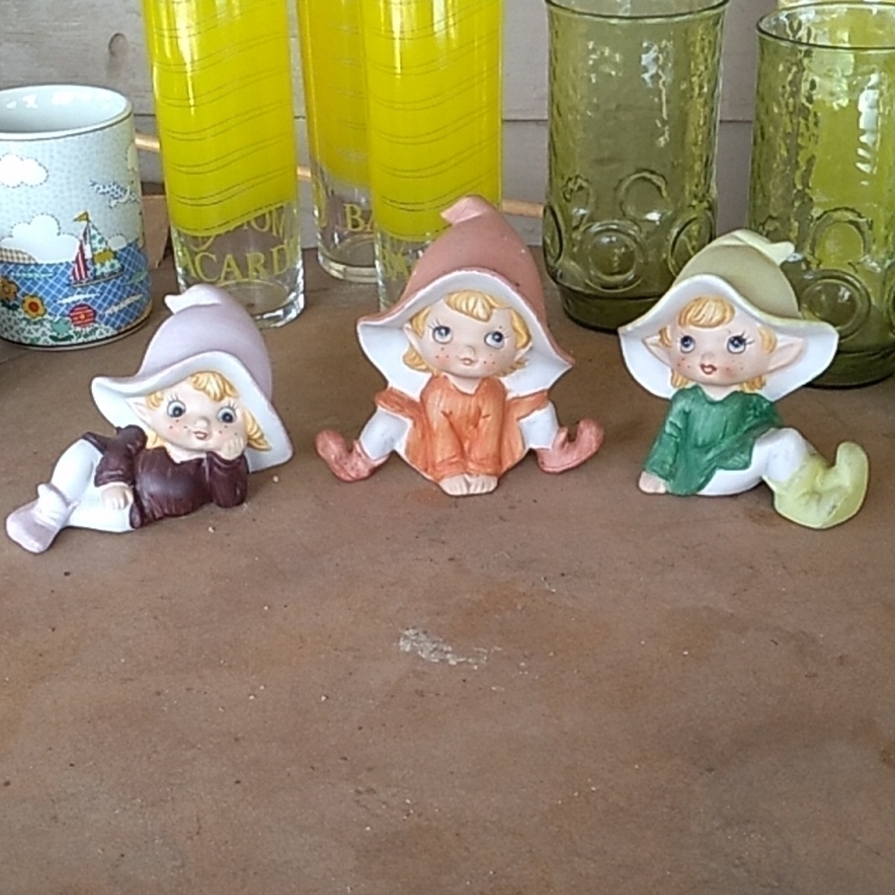 Vintage 1970s Homco 5213 set of 3 pixie elves figurines